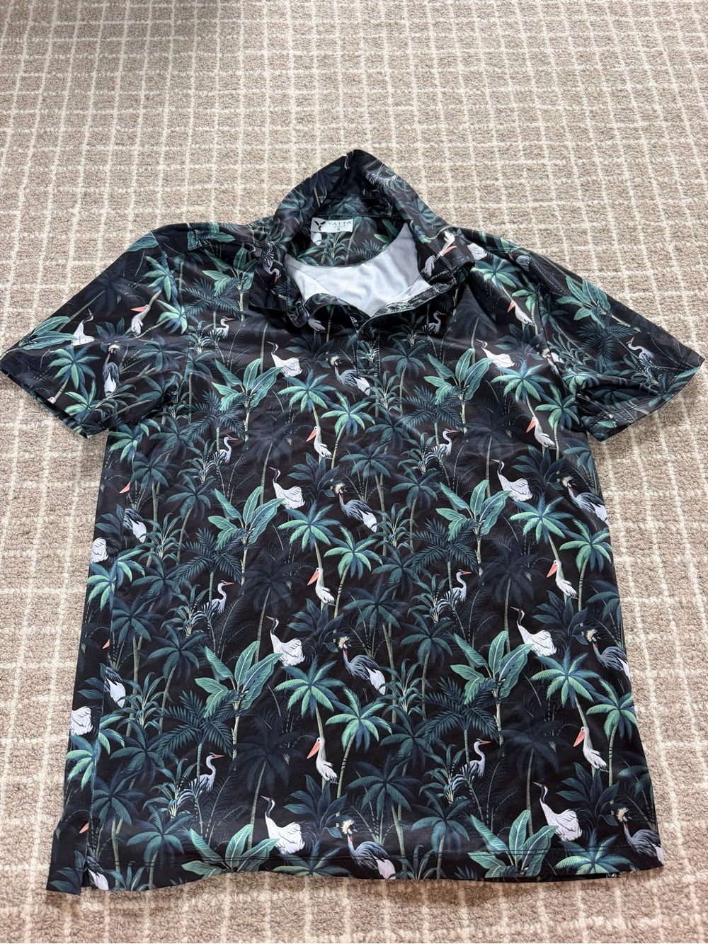 Boys' Black Tropical Print Polo Shirt with Green Palm Motif